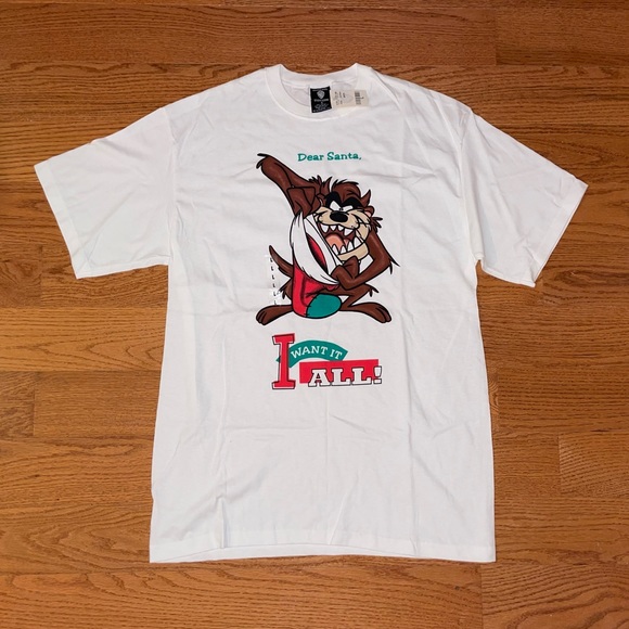 Vintage 90s Taz Tasmanian Devil Looney Tunes Christmas T-Shirt - Size Large - Picture 1 of 10